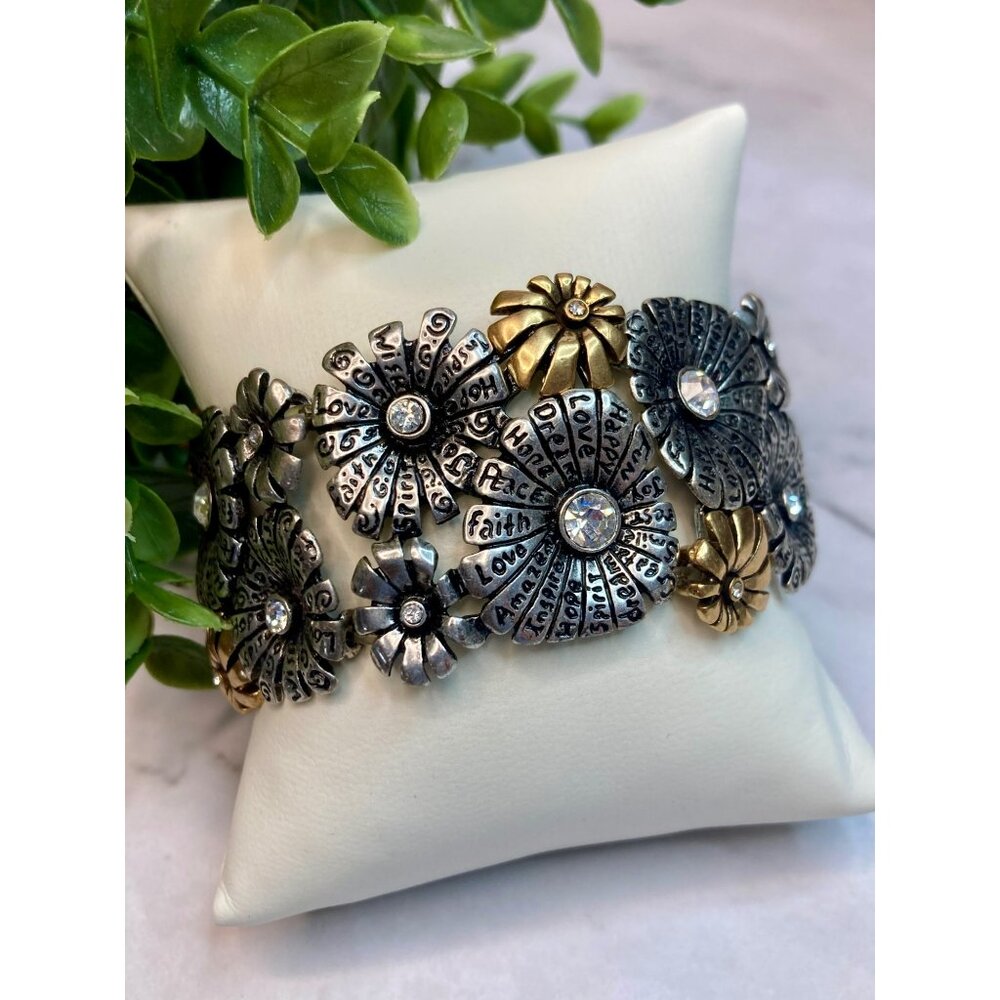 Two-Tone Inspirational Flower Medallion Stretch Bracelet -159